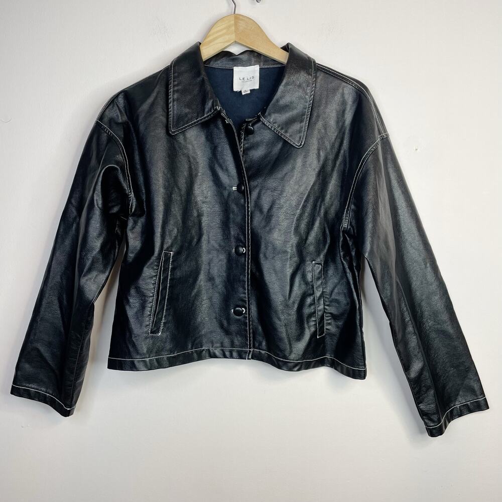 Le Lis Vegan Faux Leather Black Minimalist Classic Short Boxy Jacket womens S